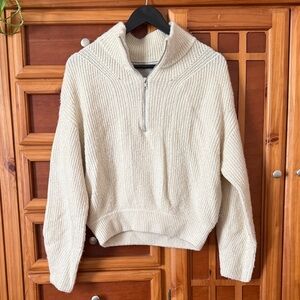 Urban Outfitters Cream Quarter-Zip Ribbed Crew Sweater
